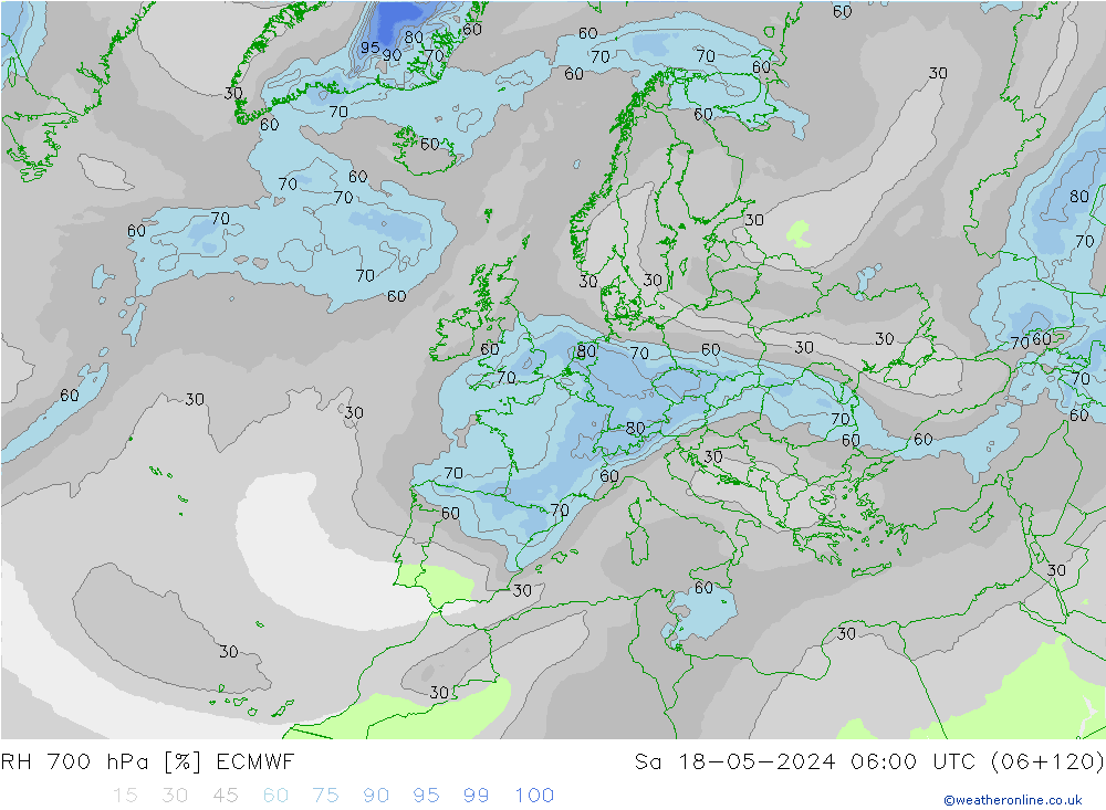RH 700 hPa ECMWF Sa 18.05.2024 06 UTC