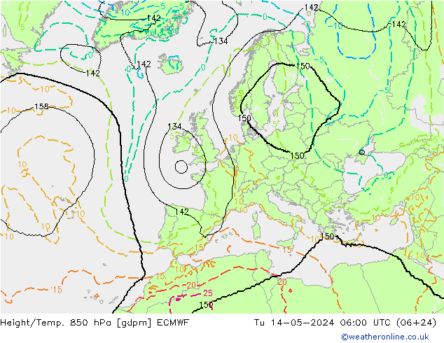 Geop./Temp. 850 hPa ECMWF mar 14.05.2024 06 UTC
