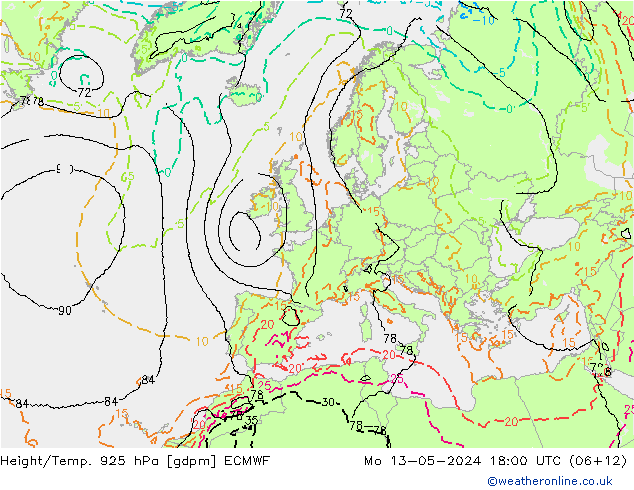 Height/Temp. 925 hPa ECMWF Mo 13.05.2024 18 UTC