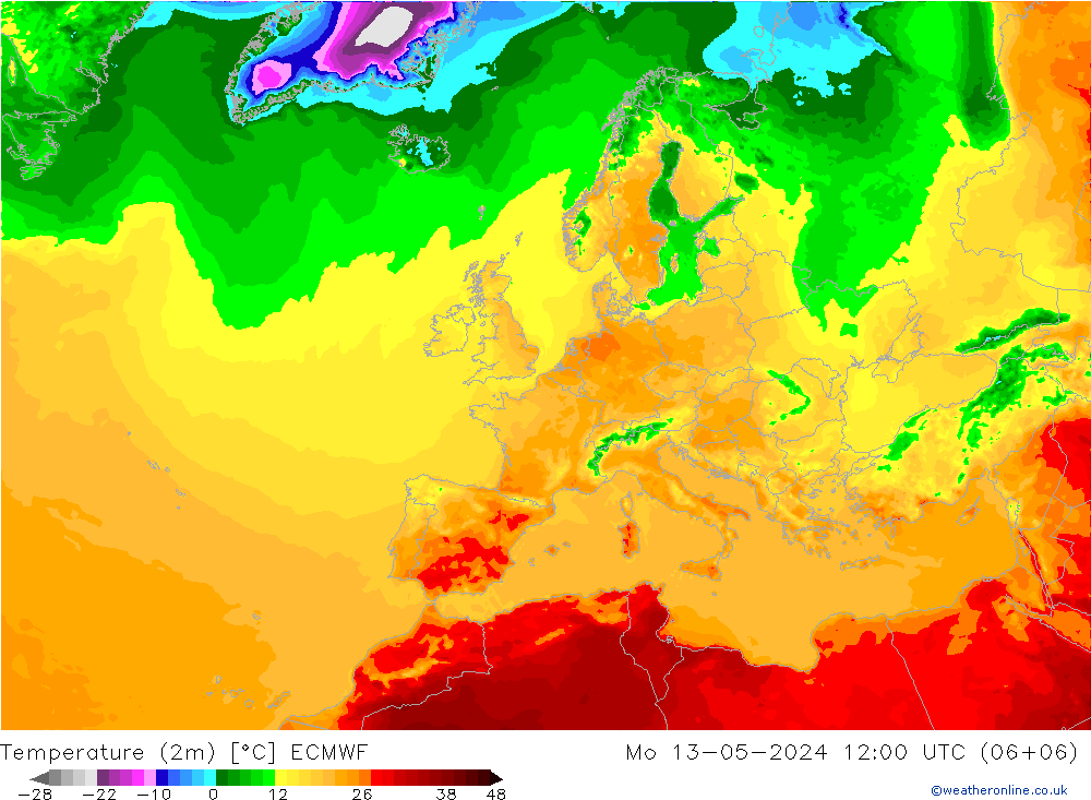 Temperatura (2m) ECMWF Seg 13.05.2024 12 UTC