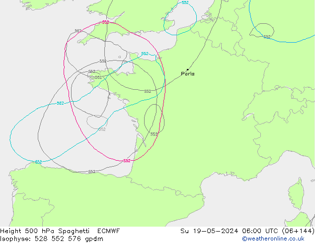 Height 500 hPa Spaghetti ECMWF dom 19.05.2024 06 UTC