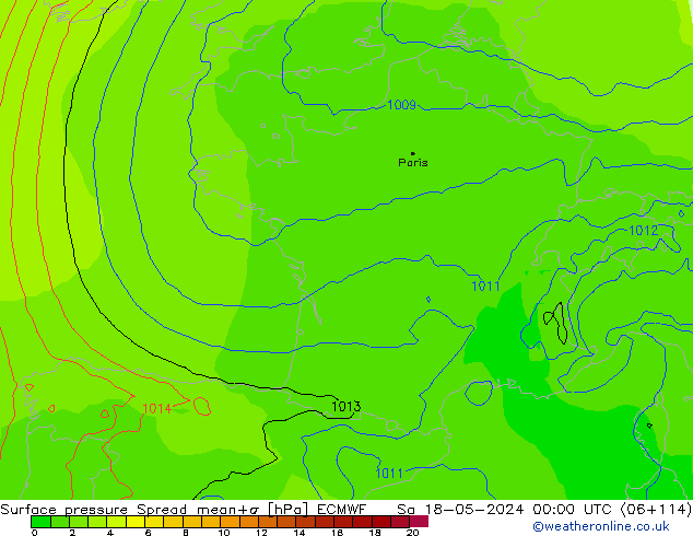 Atmosférický tlak Spread ECMWF So 18.05.2024 00 UTC