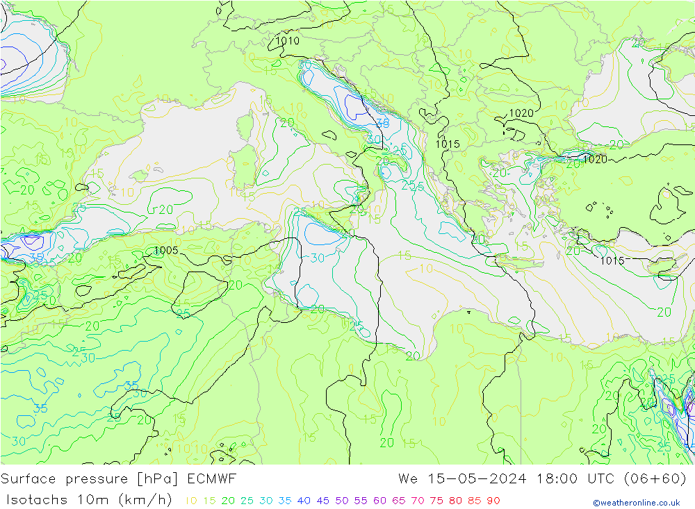 Isotachs (kph) ECMWF mer 15.05.2024 18 UTC
