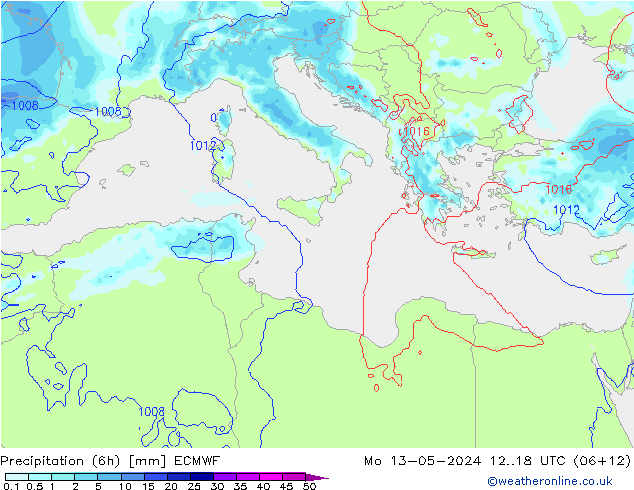 Precipitation (6h) ECMWF Mo 13.05.2024 18 UTC