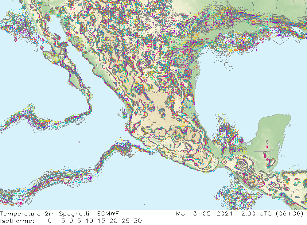 Temperatura 2m Spaghetti ECMWF lun 13.05.2024 12 UTC