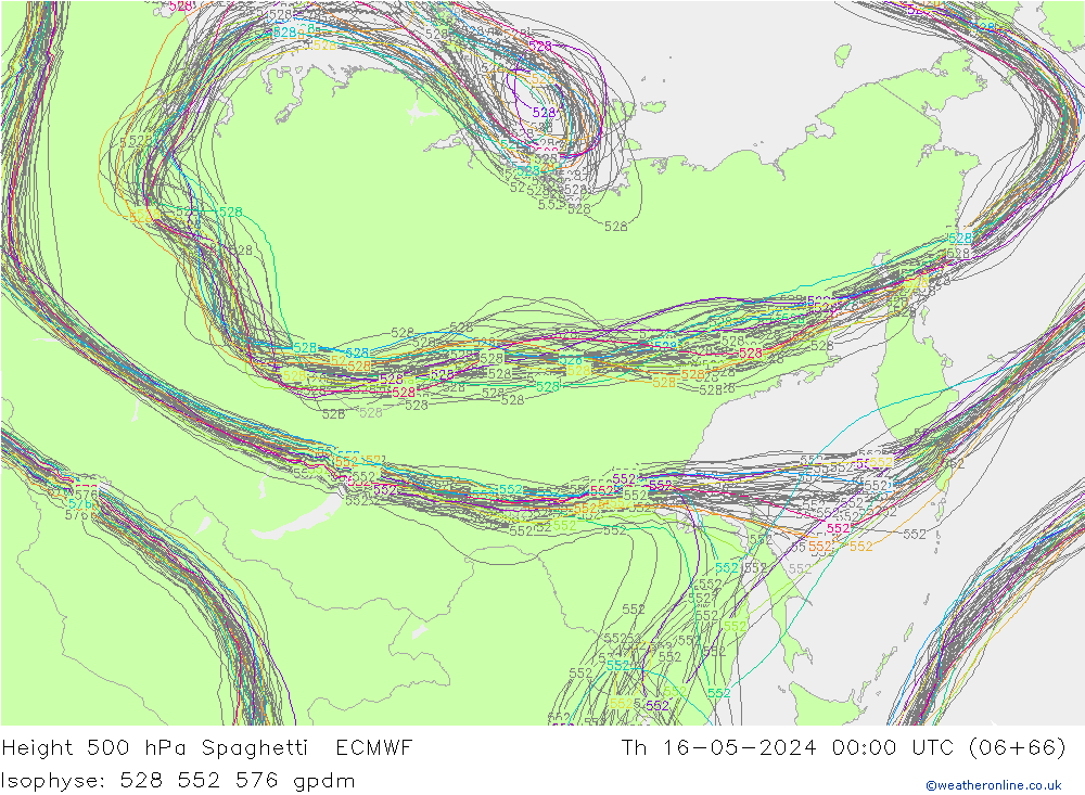 Height 500 hPa Spaghetti ECMWF  16.05.2024 00 UTC
