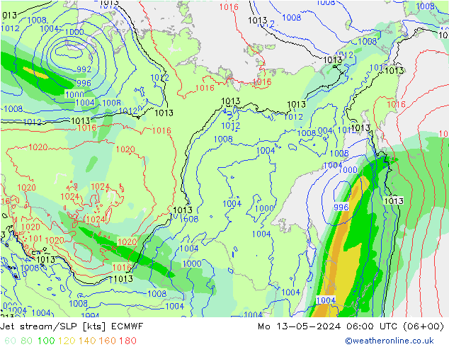 джет/приземное давление ECMWF пн 13.05.2024 06 UTC