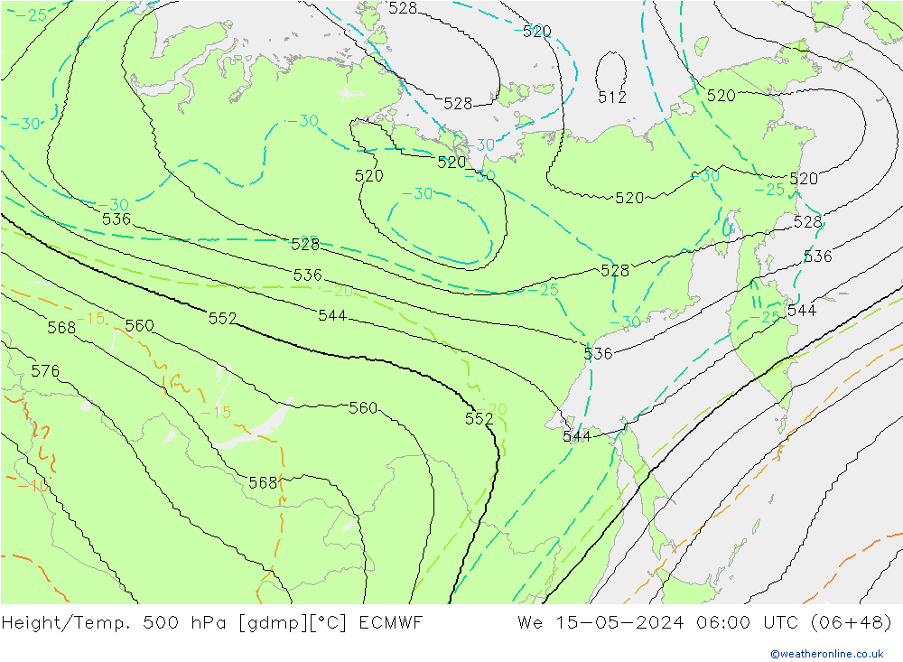 Geop./Temp. 500 hPa ECMWF mié 15.05.2024 06 UTC