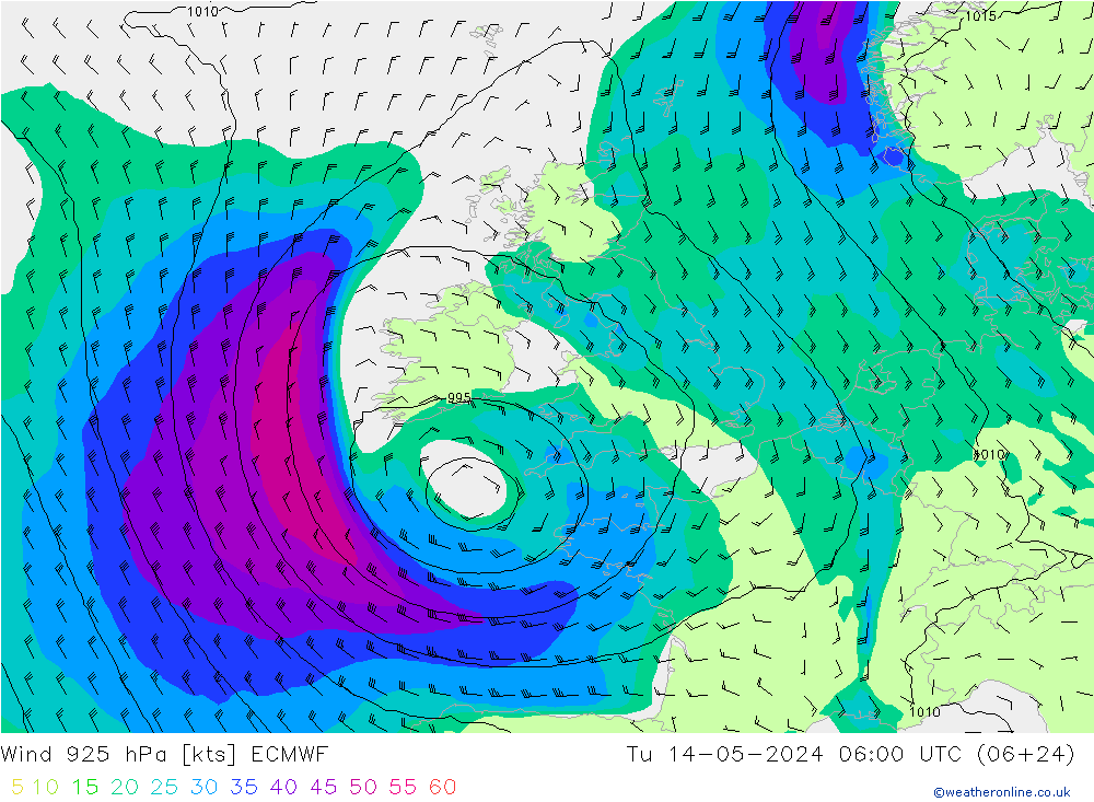 Wind 925 hPa ECMWF Út 14.05.2024 06 UTC