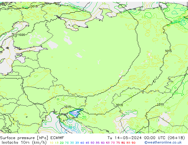 Isotachs (kph) ECMWF Tu 14.05.2024 00 UTC