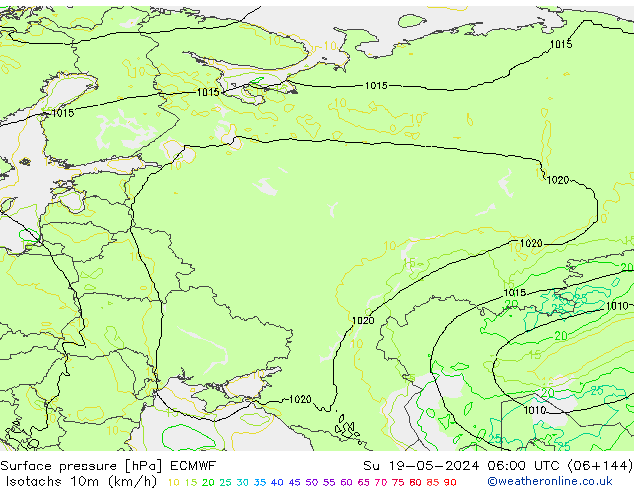 Isotachs (kph) ECMWF  19.05.2024 06 UTC