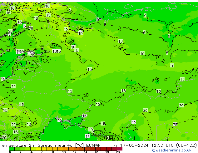mapa temperatury 2m Spread ECMWF pt. 17.05.2024 12 UTC