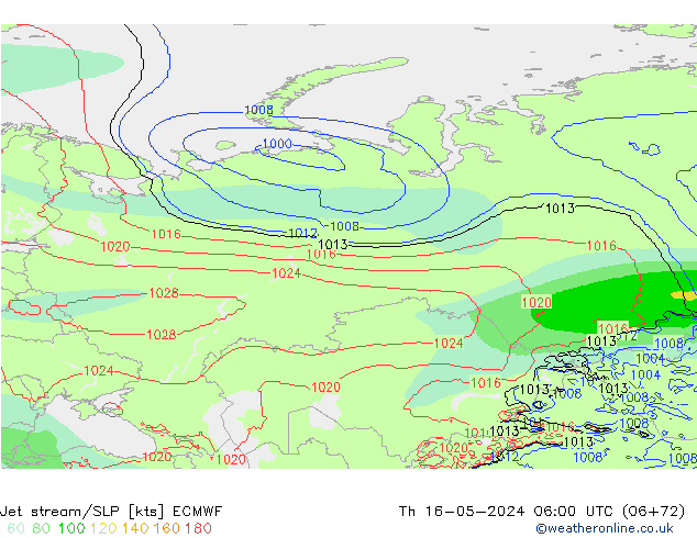 Straalstroom/SLP ECMWF do 16.05.2024 06 UTC