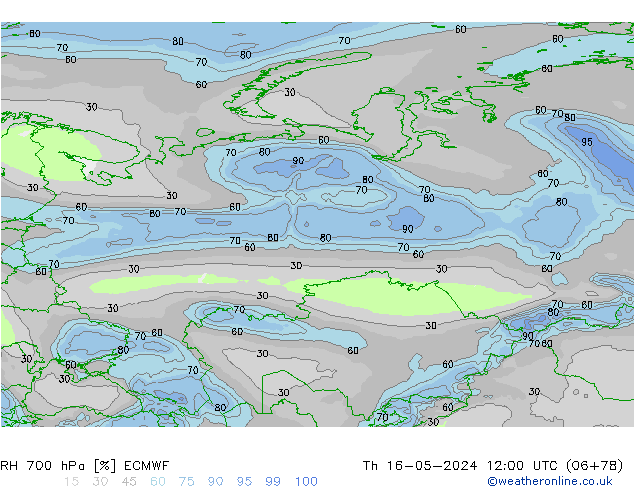 RH 700 hPa ECMWF Čt 16.05.2024 12 UTC