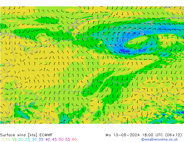 Surface wind ECMWF Po 13.05.2024 18 UTC
