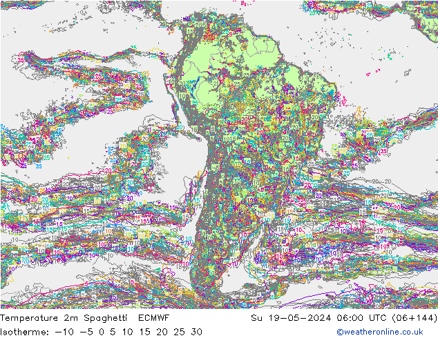 Temperatura 2m Spaghetti ECMWF Dom 19.05.2024 06 UTC