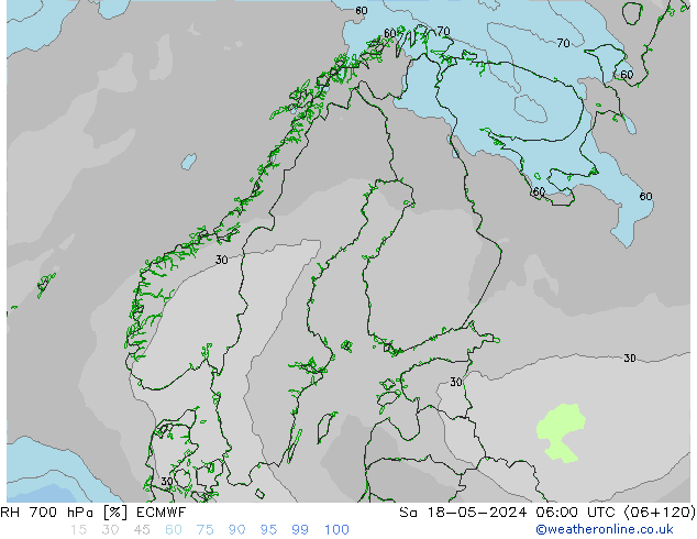 Humidité rel. 700 hPa ECMWF sam 18.05.2024 06 UTC