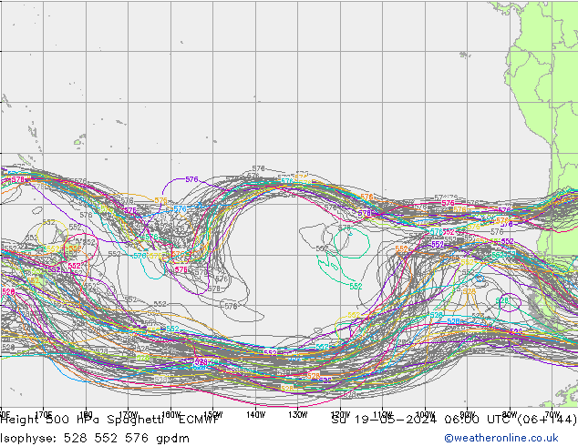 Height 500 hPa Spaghetti ECMWF nie. 19.05.2024 06 UTC