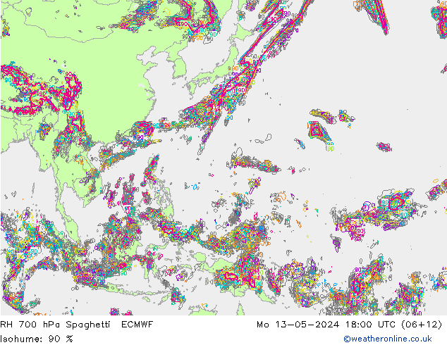 RH 700 hPa Spaghetti ECMWF lun 13.05.2024 18 UTC