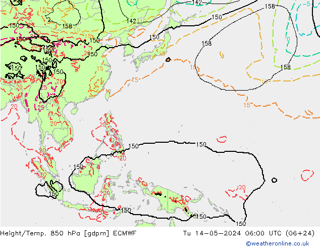 Height/Temp. 850 hPa ECMWF Út 14.05.2024 06 UTC