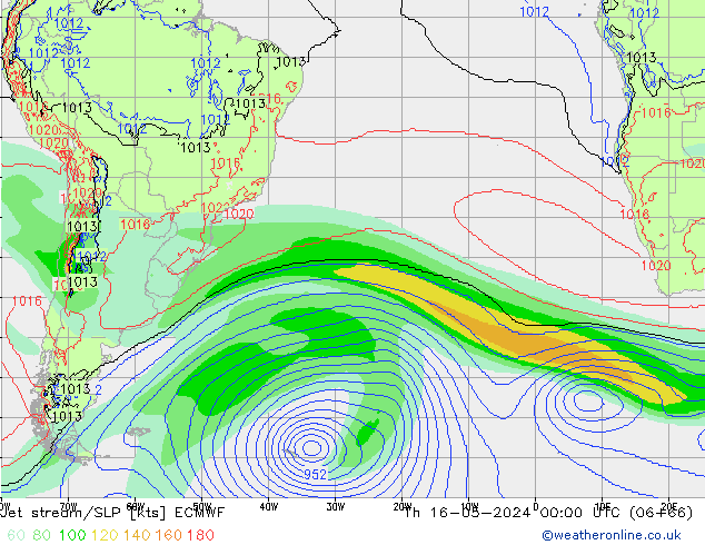 Jet stream ECMWF Qui 16.05.2024 00 UTC