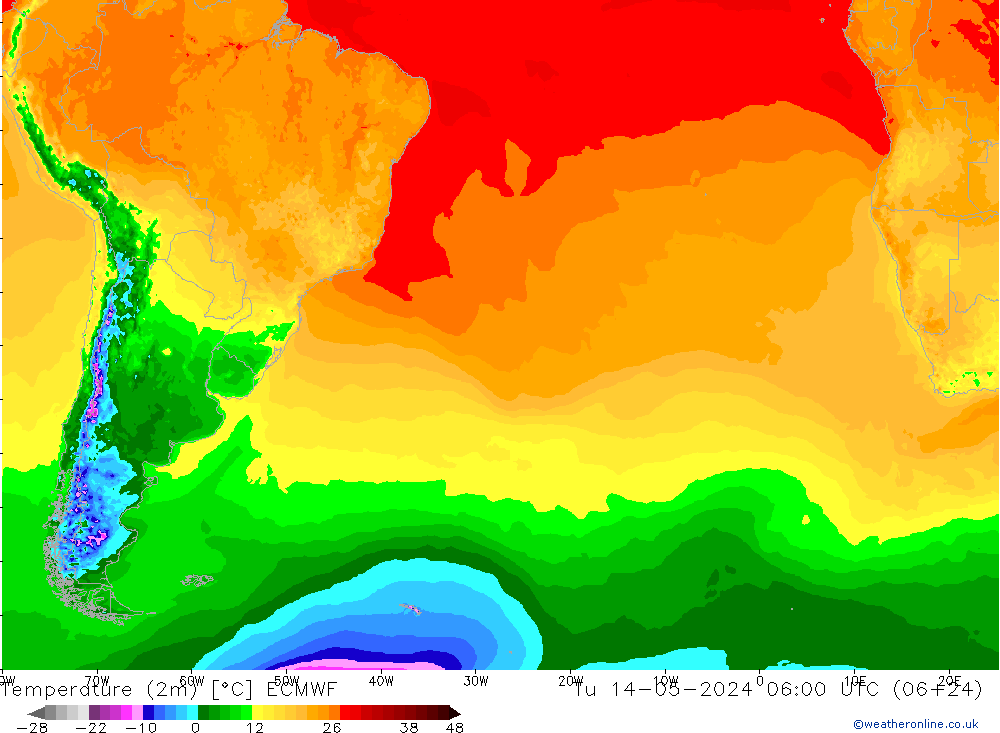 Temperature (2m) ECMWF Tu 14.05.2024 06 UTC