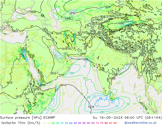 Isotachs (kph) ECMWF dim 19.05.2024 06 UTC