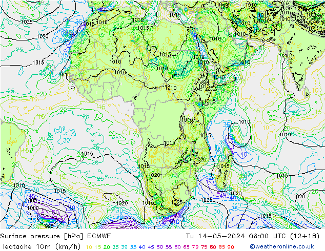 Isotachs (kph) ECMWF Ter 14.05.2024 06 UTC