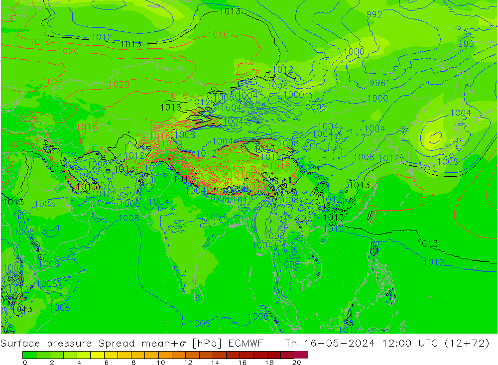 Pressione al suolo Spread ECMWF gio 16.05.2024 12 UTC