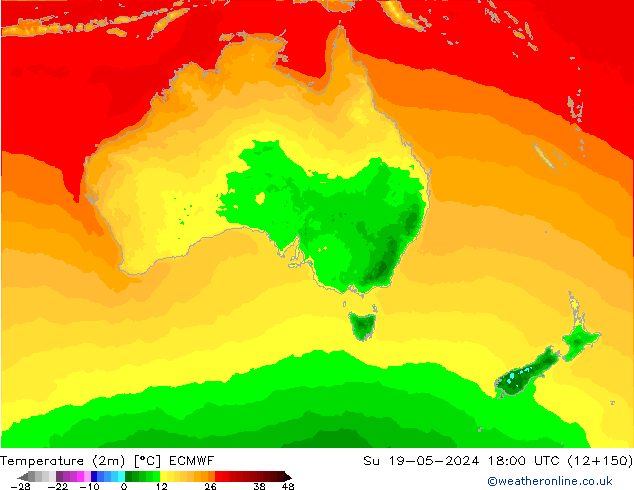 карта температуры ECMWF Вс 19.05.2024 18 UTC