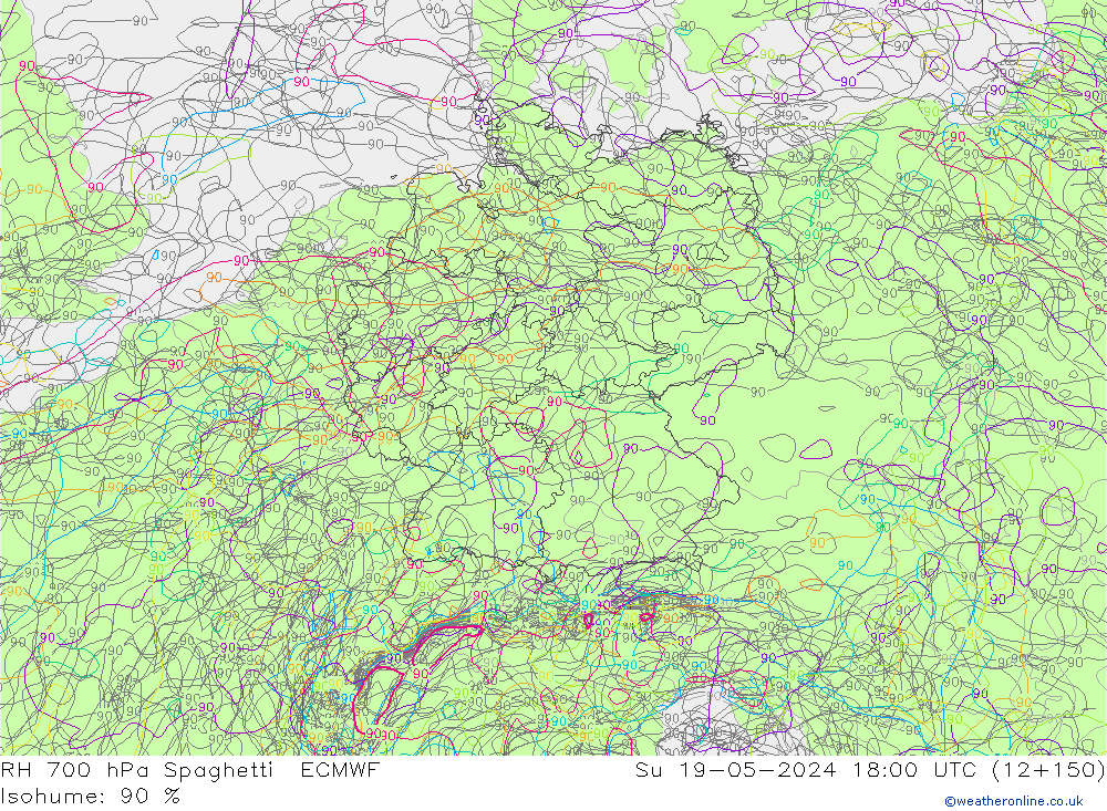 RH 700 hPa Spaghetti ECMWF Su 19.05.2024 18 UTC