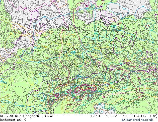 RH 700 hPa Spaghetti ECMWF mar 21.05.2024 12 UTC