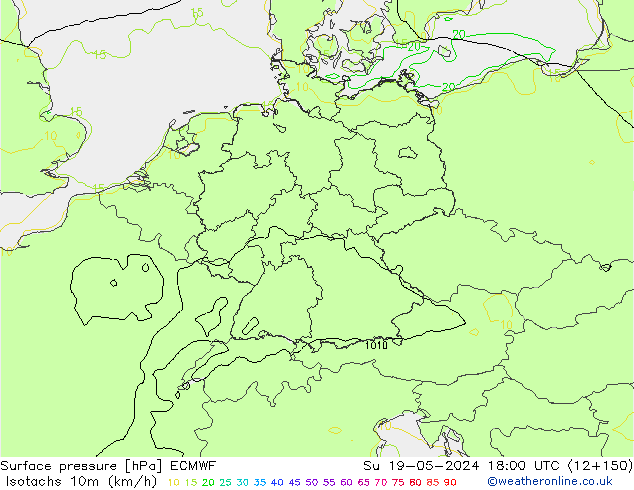 Isotachs (kph) ECMWF Ne 19.05.2024 18 UTC