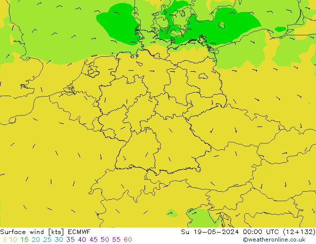 wiatr 10 m ECMWF nie. 19.05.2024 00 UTC