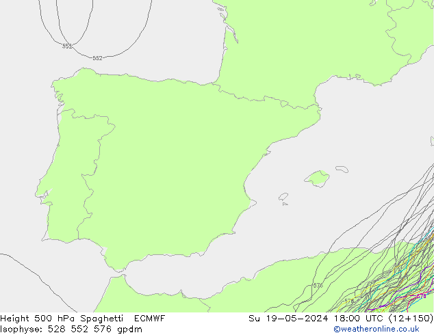 Height 500 гПа Spaghetti ECMWF Вс 19.05.2024 18 UTC