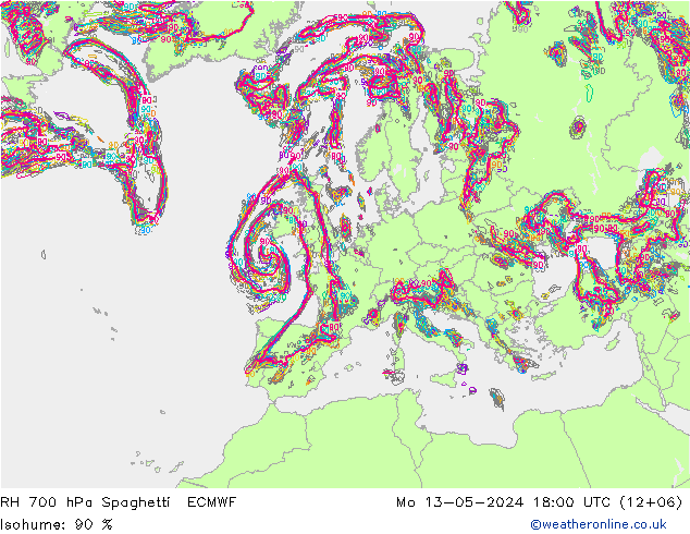 RH 700 hPa Spaghetti ECMWF  13.05.2024 18 UTC