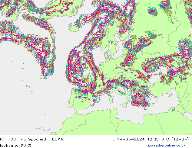 RH 700 hPa Spaghetti ECMWF mar 14.05.2024 12 UTC