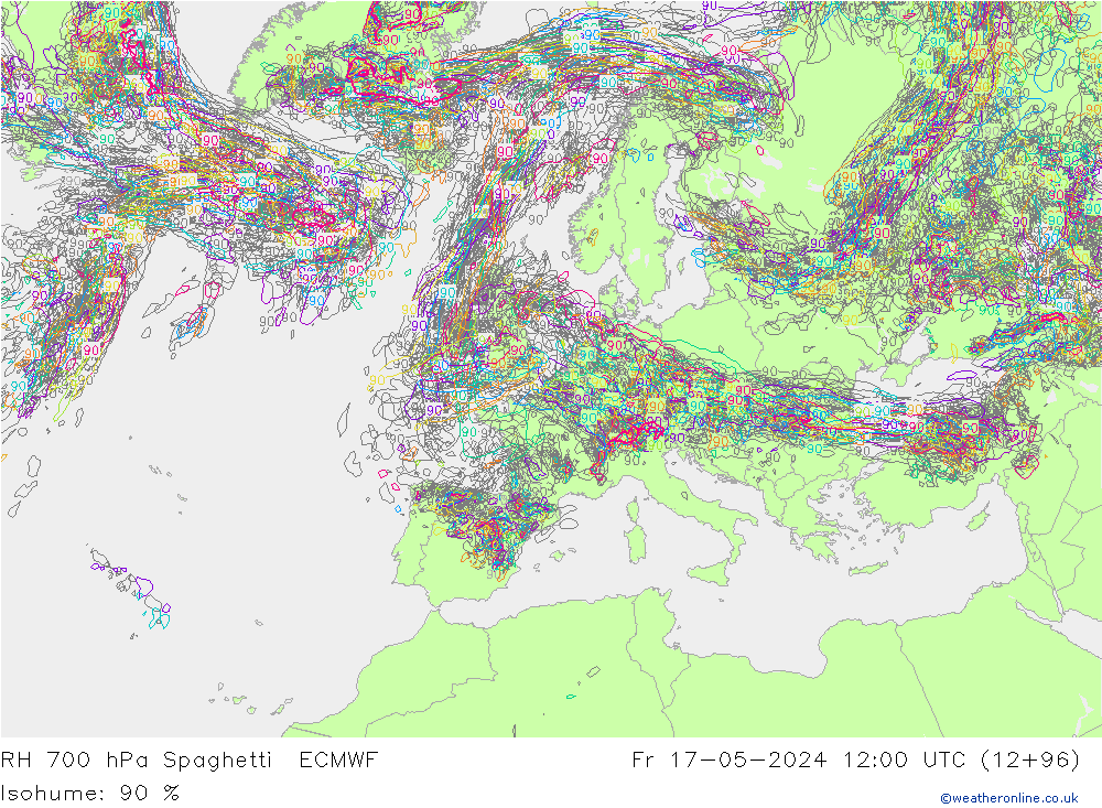 RH 700 hPa Spaghetti ECMWF Fr 17.05.2024 12 UTC