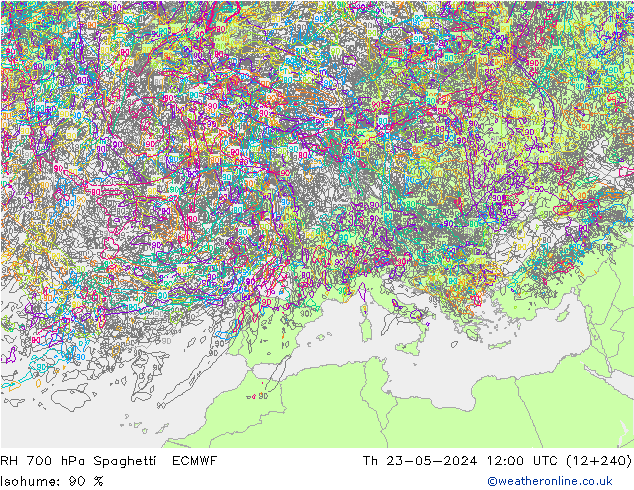 RH 700 hPa Spaghetti ECMWF Do 23.05.2024 12 UTC