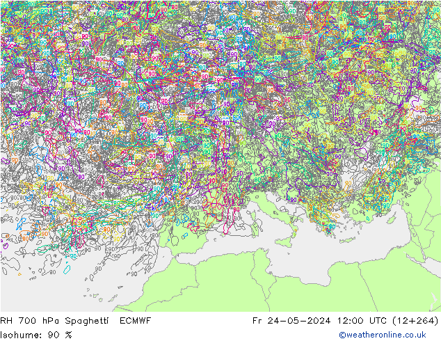 RH 700 hPa Spaghetti ECMWF Pá 24.05.2024 12 UTC
