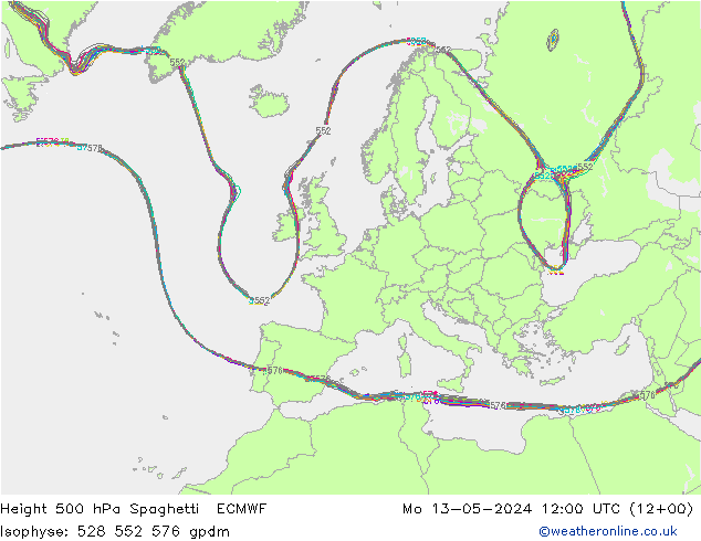 Height 500 гПа Spaghetti ECMWF пн 13.05.2024 12 UTC