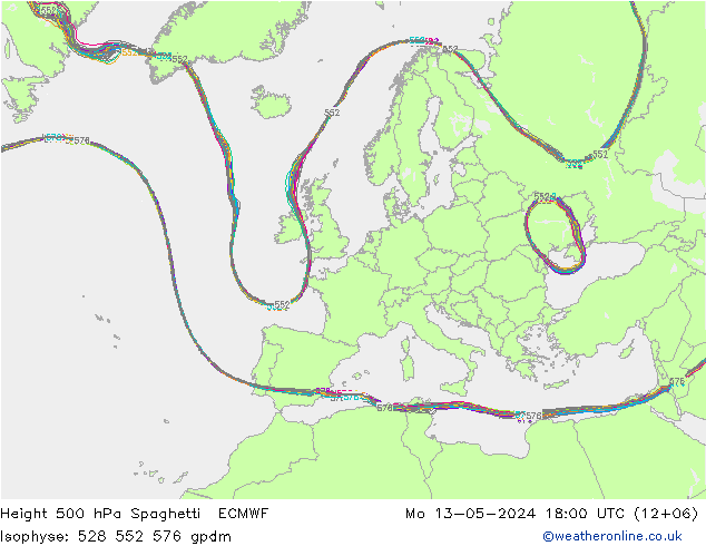 Hoogte 500 hPa Spaghetti ECMWF ma 13.05.2024 18 UTC