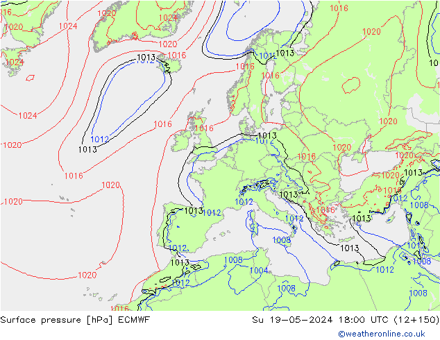 Luchtdruk (Grond) ECMWF zo 19.05.2024 18 UTC