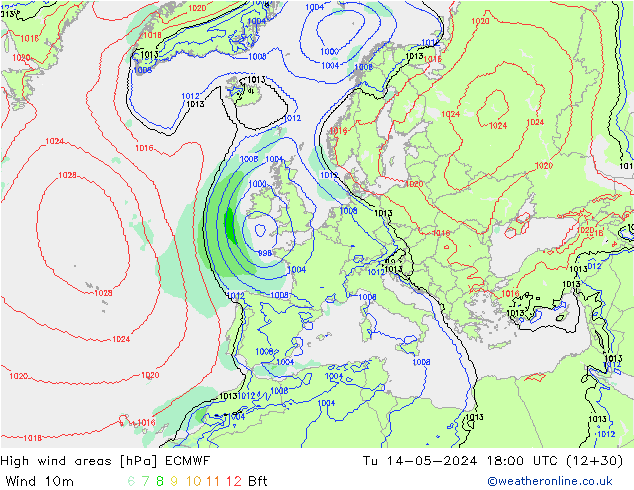 High wind areas ECMWF  14.05.2024 18 UTC