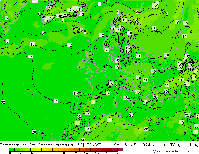 Temperatura 2m Spread ECMWF sab 18.05.2024 06 UTC