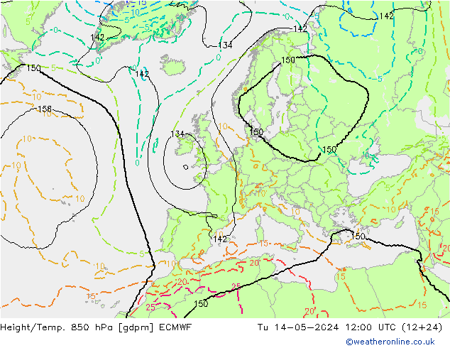 Hoogte/Temp. 850 hPa ECMWF di 14.05.2024 12 UTC