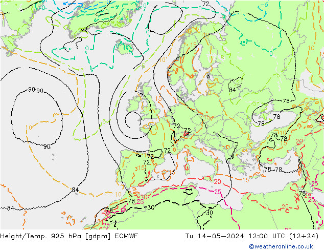 Yükseklik/Sıc. 925 hPa ECMWF Sa 14.05.2024 12 UTC