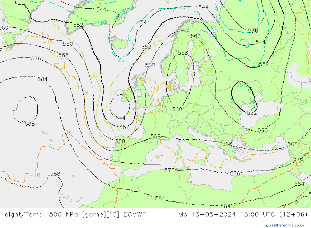 Height/Temp. 500 hPa ECMWF Mo 13.05.2024 18 UTC