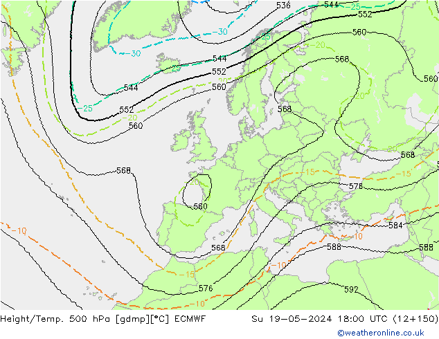 Hoogte/Temp. 500 hPa ECMWF zo 19.05.2024 18 UTC
