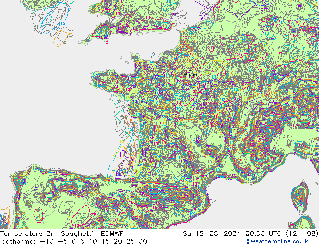 mapa temperatury 2m Spaghetti ECMWF so. 18.05.2024 00 UTC